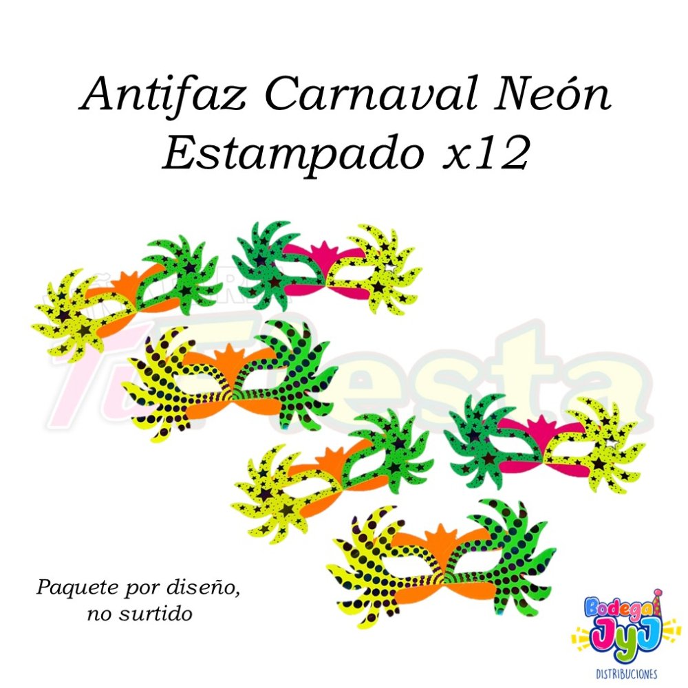 ANTIFAZ CARNAVAL NEÓN ESTAMPADO X12