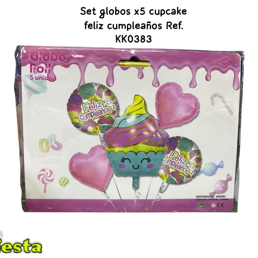 SET GLOBOS X5 CUP CAKE FELIZ CUMPLEAÑOS