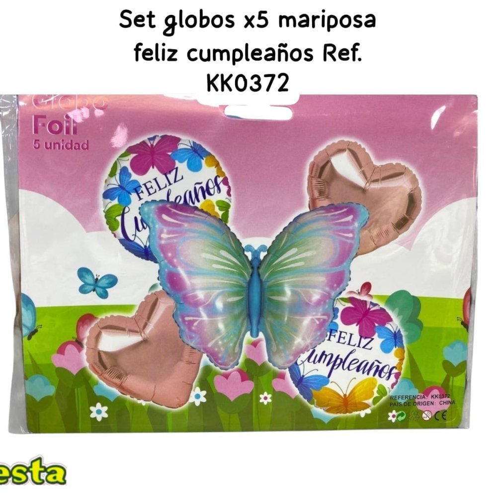 SET GLOBOS X5 MARIPOSA FELIZ CUMPLEAÑOS