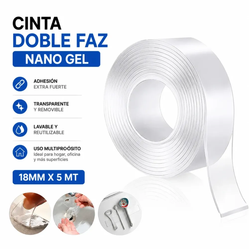 CINTA DOBLE FAZ TRANSPARENTE 5MT NANO GEL